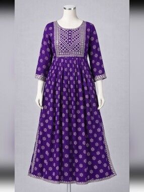 Purple Embroidered A-Line Kurta XXL | Viscose Rayon High Slit